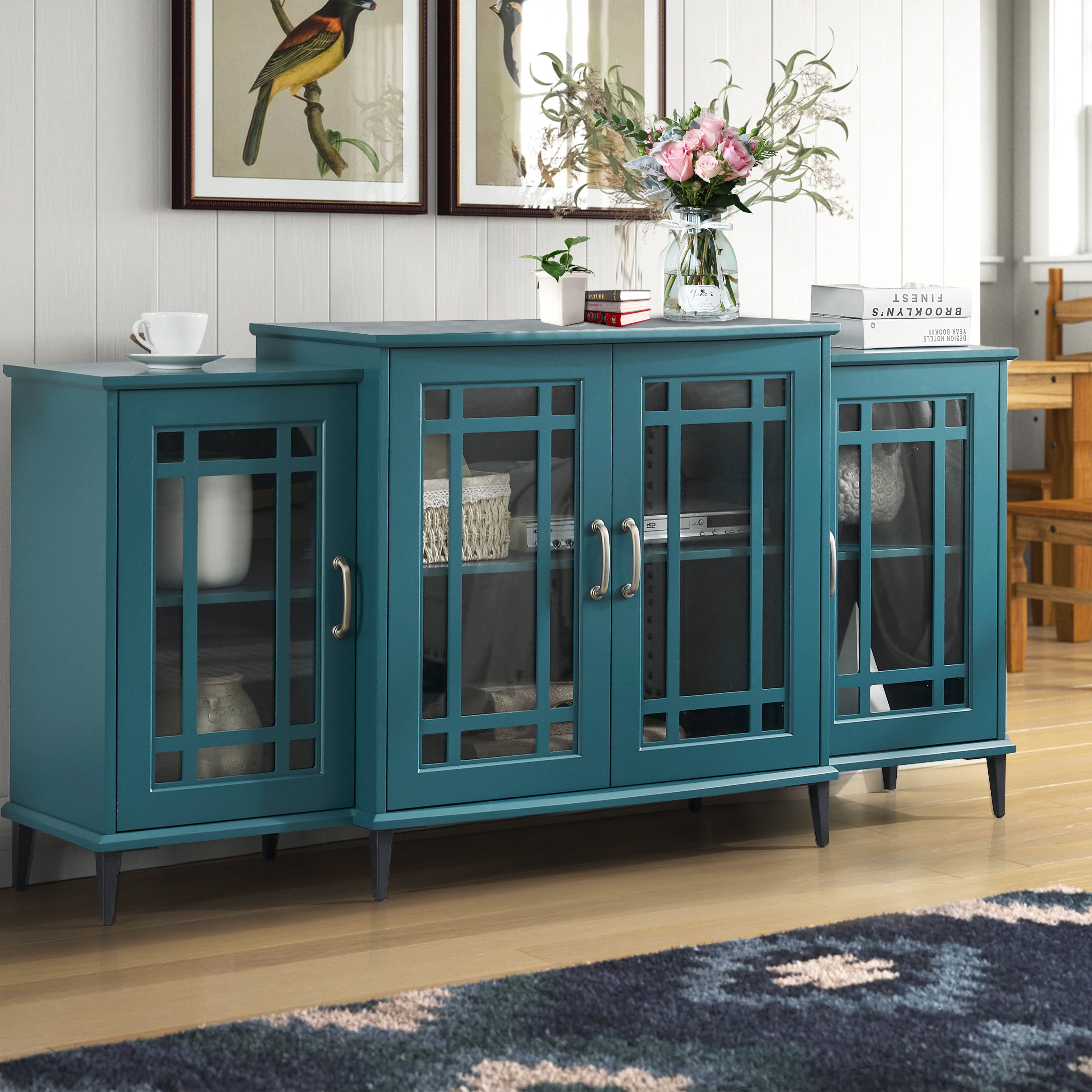 Sinderen Vintage TV Stand with Wood Carved Floral Glass Doors Metal Legs and Handles Red Barrel Studio
